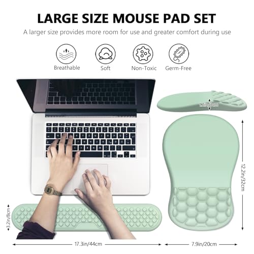 Ergonomic Mouse Pad Wrist Rest, 2 in 1 Keyboard Pad for Office | Memory Foam, 15° Ergonomic Slope, Massage Bead Design, Non-Slip PU Base, Lycra Fabric, for Office & Gaming, Gradient Green - color: Gradient Green