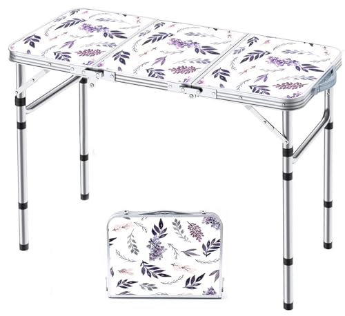 Yriuat Folding Camping Table 3ft Portable Picnic Table Adjustable Height Small Card Table Aluminum Foldable Lightweight with Carry Handle for Outdoor Indoor Hiking Camp BBQ Beach (Misty Lilac) - color: Misty Lilac, size: 35"l X 16"w X 27"h