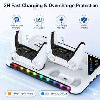 PS5/Slim/Pro Stand for Disc & Digital Console | Controller Charging Station, RGB Light & 3 Level Cooling Station , PS5 Accessories Headset Holder, Game Card Holder - color: White LED