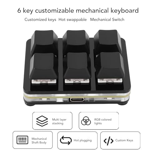 XUMIUZIY 6 Key Gaming Keyboard, USB Mini Keyboard with Programmable Macro, RGB Mechanical Keyboard, 6 Keys One Handed USB PC Keypad for Game Office (Black) - color: Black
