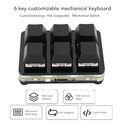 XUMIUZIY 6 Key Gaming Keyboard, USB Mini Keyboard with Programmable Macro, RGB Mechanical Keyboard, 6 Keys One Handed USB PC Keypad for Game Office (Black) - color: Black