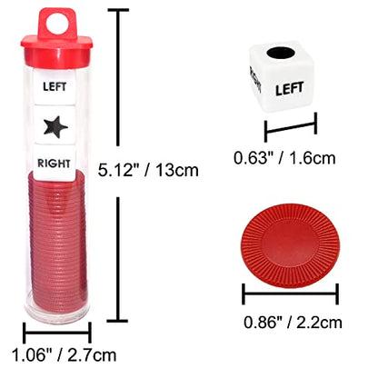 Ahoper Left Right Center Dice Game Prime Set Bundle with 3 Dices + 36 Chips. Round Tube Storage is Very Convenient for Travel. Easy to Store, Carry Around. (Red) - color: Red