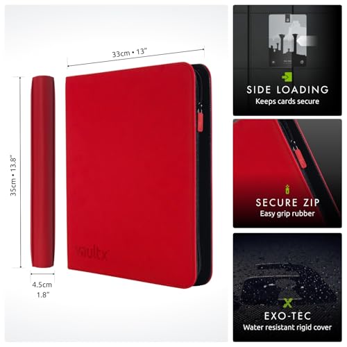 Vault X 12 Pocket Zip Trading Card Binder 480 Cards Exo-Tec (Red) | Holds 480 standard-size TCG cards in 20 side-loading 12-pocket pages. Padded, water-resistant Exo-Tec cover. - color: Red, size: 12 Pocket