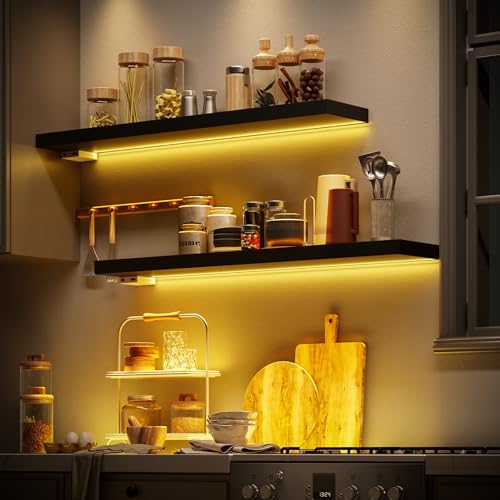 BAMEOS Floating Shelves with LED Light, Wall Mounted Wooden Shelves with Invisible Brackets, Set of 2, Hanging Wall Shelves for Bedroom, Bathroom, Living Room and Kitchen(31", Blcak) - color: Black-cob, size: 31 x 7