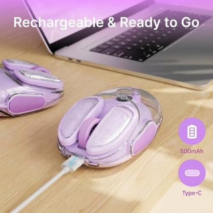 SEUNKWANG Q9 Transparent Wireless Mouse with RGB Lighting, Compact Multi-Device Bluetooth & 2.4G Computer Mouse, Rechargeable, Quiet Clicks, 4800 DPI Cute Mice for Laptop, PC, Mac, iPad - Purple - color: Purple
