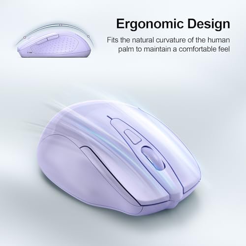 TECKNET Wireless Mouse, BT 5.0/2.4G, Silent 4800 DPI 6 Buttons, Lavender | Bluetooth 5.0/3.0 & USB A, 2-Device Easy Switch, Wide OS Compatible, 6-DPI, Ergonomic for S/M Hands, Extended Battery - color: Lavender