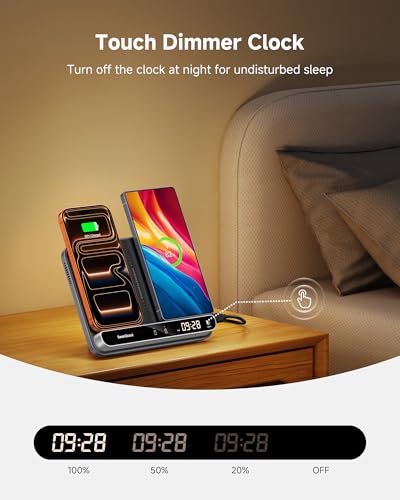 Dual Phone Foldable Wireless Charging Station for iPhone, Galaxy, Pixel | Dual phone charging, Foldable portable stand, Dimmable clock, Case friendly, Raised charging area, flat mode for earbuds, 504 - color: Black & Tech Grey