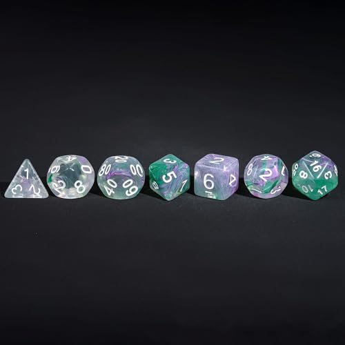 7-Die DND Dice Set Polyhedral Dice Set with a Leather Dice Bag, D&D Dice Set for RPG Table Games (Transparent Green Mix Purple) - color: Green Mix Purple
