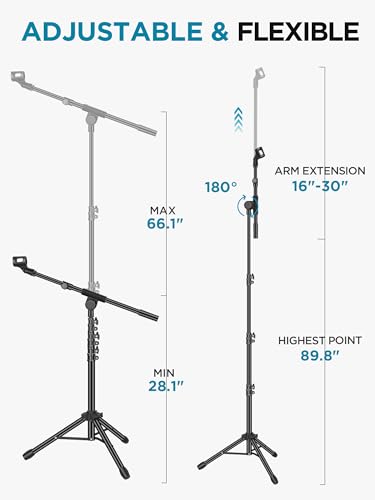 InnoGear Mic Stand Tripod Boom Arm Floor Microphone Stand Height Adjustable | Fast Assembly, Carrying Bag Included, Max Height 89.8", Work with Blue Yeti Shure Fifine, Heavy Duty, for Singing Podcast
