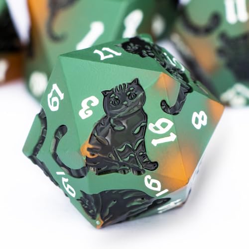 Metal DND Cat Dice 7PCS Polyhedral RPG Dice Set with Gift Case for Dungeons Dragons Role Playing Game, D and D Dice D6 D8 D10 D12 D20 D% (Orange Green) - color: Cat-orange Green&black