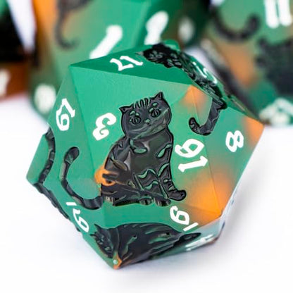 Metal DND Cat Dice 7PCS Polyhedral RPG Dice Set with Gift Case for Dungeons Dragons Role Playing Game, D and D Dice D6 D8 D10 D12 D20 D% (Orange Green) - color: Cat-orange Green&black