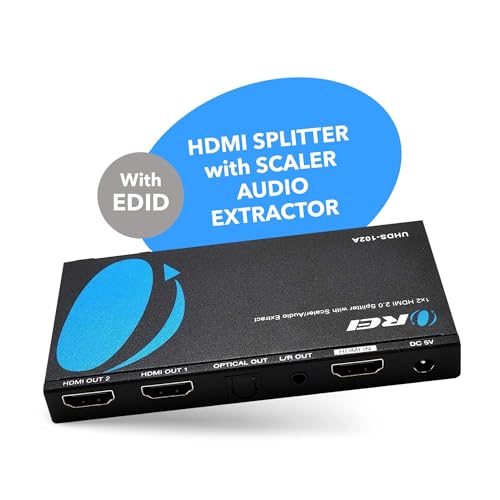 OREI 1x2 2.0 HDMI Splitter with Scaler Audio Extractor 2 Ports with Full Ultra HDCP 2.4K at 60Hz & 3D Supports EDID Control - UHDS-102A | HDMI 2.0b, HDCP2.2/HDCP1.4 compliant. Supports digital and analog audio extract output from HDMI source. - style: 1X2
