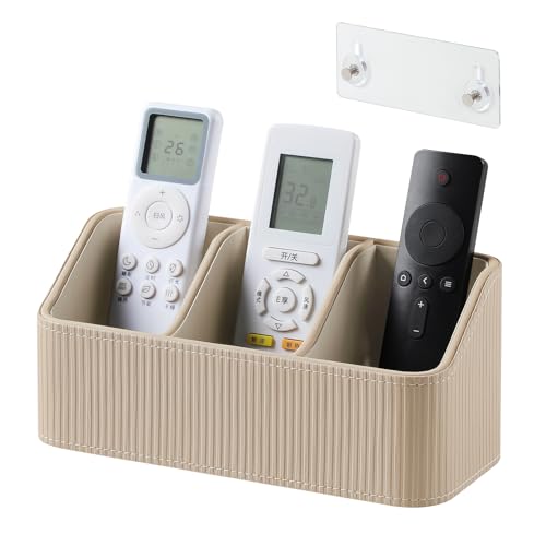 No Drill PU Leather Wall Remote Holder, 3 Compartments Storage Caddy for TV AC Remotes, Pens, Eyeglasses, Home Bedroom Bathroom Office (Stylish Beige Fine Ribbed) - color: Stylish Beige Fine Ribbed