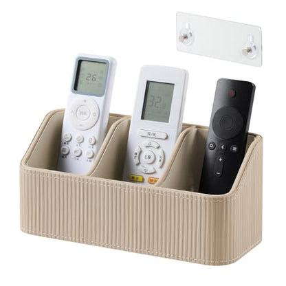 No Drill PU Leather Wall Remote Holder, 3 Compartments Storage Caddy for TV AC Remotes, Pens, Eyeglasses, Home Bedroom Bathroom Office (Stylish Beige Fine Ribbed) - color: Stylish Beige Fine Ribbed