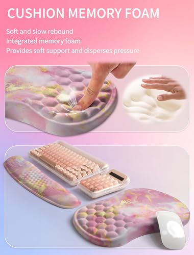 Hokafenle 2in1 Combination, Wave Keyboard Wrist Rest and Ergonomic Curvature Mouse Pad Wrist Support for Relieve Wrist Pain, Filled with Soft Cushion Memory Foam, Golden Pink Marble - color: Golden Pink Marble