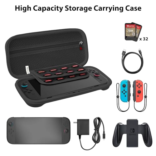 RAVEtone Travel Carrying Case Compatible with Nintendo Switch 2 Model 2025, Large Capacity Premium EVA Portable Hard Shell Pouch Waterproof Game Bag with 32 Game Cartridge Accessories (Black) - color: Black, style: Large