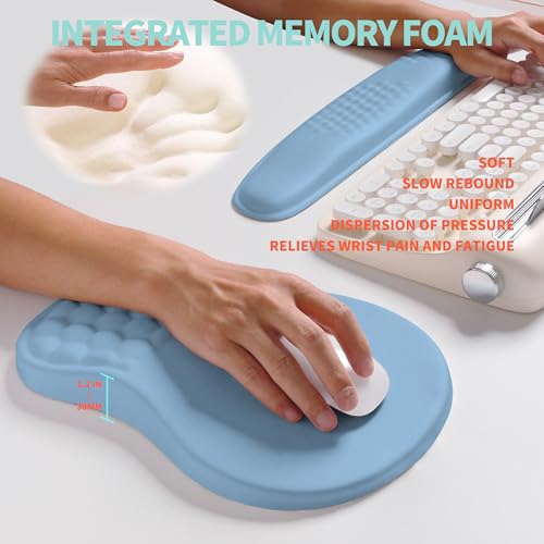 2-in-1 Ergonomic Set, Wave Rise Keyboard Wrist Rest and Massage Bulge Slope Mouse Pad Wrist Support, Cushion Memory Foam Integrated to Relieve Wrist Pain, Lake Blue - color: Lake Blue
