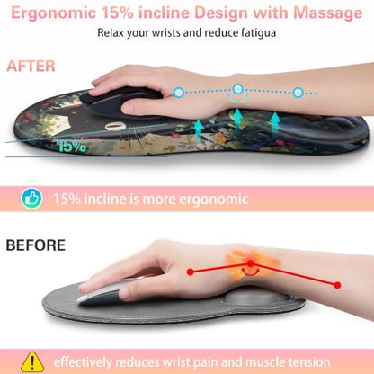 Mouse Pad with Wrist Rest, Canjoy Ergonomic Wrist Support with Massage | Ergonomic Massage Design & Relax and Relieve Fatigue & Non-Slip & PU Base, Comfortable Computer Mousepad for Office Home - color: Black Cat