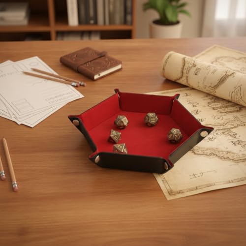 Keep Dice Contained with This Foldable Hexagon Tray, PU Leather & Velvet Interior, Portable 12.6 x 9.6 Inch Rolling Surface for Tabletop Games
