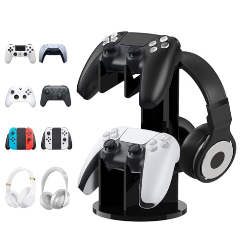 MoKo Universal Game Controller & Headset Stand, 2-in-1 Holder Acrylic | Premium acrylic, crystal clear. 2-in-1 for controller and headset. Non-slip base. Fits Switch, PS5, PS4, Xbox. - color: Black