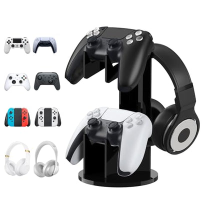 MoKo Universal Game Controller & Headset Stand, 2-in-1 Holder Acrylic | Premium acrylic, crystal clear. 2-in-1 for controller and headset. Non-slip base. Fits Switch, PS5, PS4, Xbox. - color: Black
