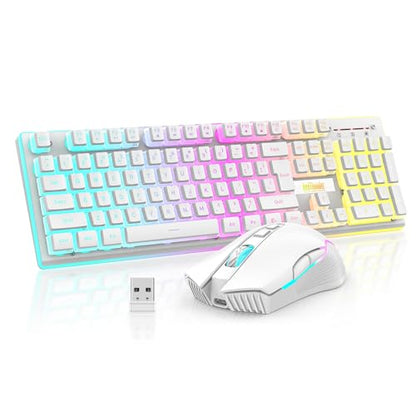 RedThunder K10 Wireless Gaming Keyboard and Mouse Combo, RGB Backlit Rechargeable 3800mAh Battery, Mechanical Feel Anti-ghosting Keyboard + 7D 3200DPI Mice for PC Gamer(White Pudding) - color: White Pudding