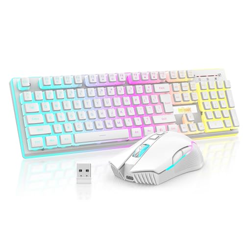 RedThunder K10 Wireless Gaming Keyboard and Mouse Combo, RGB Backlit Rechargeable 3800mAh Battery, Mechanical Feel Anti-ghosting Keyboard + 7D 3200DPI Mice for PC Gamer(White Pudding) - color: White Pudding