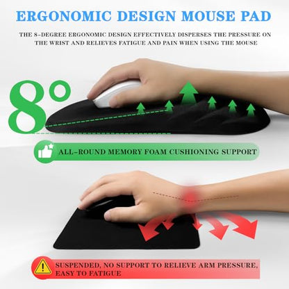 Ergonomic Mouse Pad Wrist Support，Wrist Rest Mouse pad for Carpal Tunnel Pain Relief with Memory Foam&Non-Slip PU Base, Mouse Pads for Wireless Mouse & Desk (12x8 inch,Black)