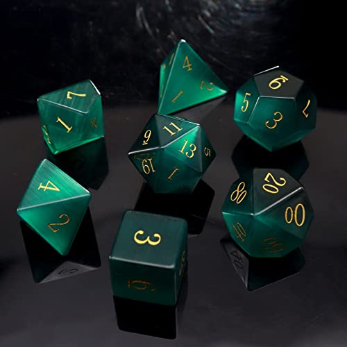 Haxtec Gemstone DND Dice Set Emerald Green Cat Eye Stone Dice with Dice Case Compatible with Dungeons and Dragons Role Playing Games DNDGift - color: Green