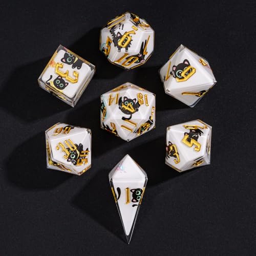 Cusdie 7-Piece Sharp Edges DND Dice Set - Cute Black Cat Stickers Inside - Perfect for Tabletop RPGs and Board Games - color: Black Cat Sticker