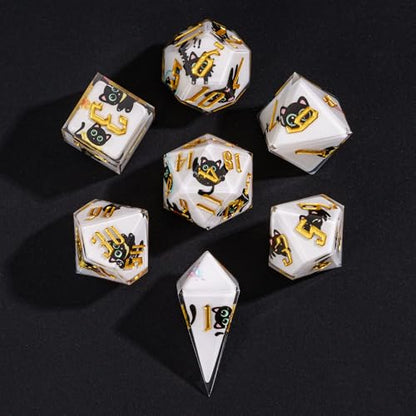 Cusdie 7-Piece Sharp Edges DND Dice Set - Cute Black Cat Stickers Inside - Perfect for Tabletop RPGs and Board Games - color: Black Cat Sticker