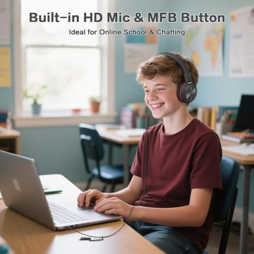 SIMOLIO Wired Headphones for Kids with Mic, USB C & 3.5mm, Safe Volume, Share Port & Pouch, Kids Headphones w/Passive Noise Cancelling, Foldable Headsets for School Airplane Travel iPad (Black) - color: Jet Black USB C&3.5mm