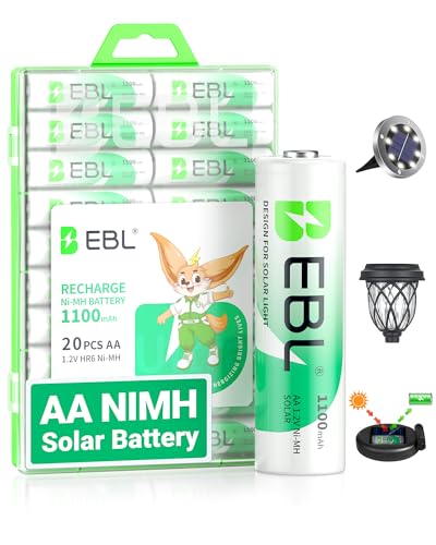 EBL 1100mAh Solar AA Batteries for Solar Lights Garden Lights 20 Pack | Mercury-Free, 1200 Cycles, NiMH, Pre Charged AA Rechargeable Batteries 1.2V High Performance for Household Devices - size: Pack of 20 AA, style: AA