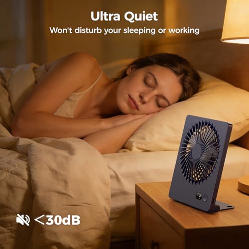 Zuvas Desk Fan Small Rechargeable Battery Table Fans for travel Ultra Quiet | 180° Tilt Folding, LED Dislay, Portable Fan Slim Design, 3 Speed Adjustable, for Office Bedroom Desktop, Cruise Essentials - color: Navy Blue