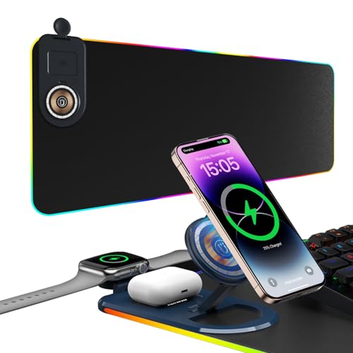 Wireless Charging RGB Mouse Pad 3-in-1, 800×300mm Extended Desk Mat, Fast Charging for Phone, Earbuds and Watch, Large Gaming Mouse Pad with LED Lighting