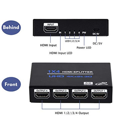 1x4 HDMI Splitter, 1 in 4 Out HDMI Splitter Audio Video Distributor Box Support 3D & 4K x 2K Compatible for HDTV, STB, DVD, PS3, Projector Etc, Duplicate/Mirror Screen Only (Not Extend)