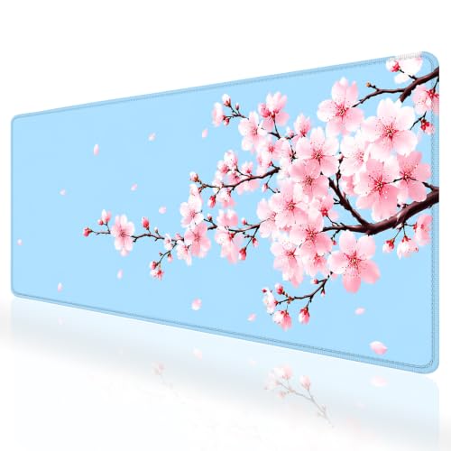 Extended Large Gaming Mouse Pad, Minimalist Cherry Blossom Branch Desk Mat, Light Blue Sky Pastel Sakura Long Mousepad, Spring Floral Japanese Aesthetic Desk Decor Gift for Women Girls Office Home - color: Light Blue Sakura