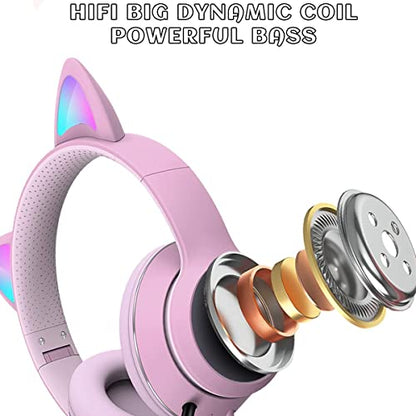 Cat Ear Gaming Headphones Wired AUX 3.5mm with LED Light, VIGROS Flashing Stereo Game Headphones Surround Sound Over-Ear Headsets with Microphone Fit Kids & Adult for PC, PS4, Switch, Mobile, Laptop - color: Pink