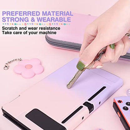DLseego Pink and Purple Switch Case Set Gradient Carrying Case with 10 Slots Cute Protective Dockable Hard Shell with 4PCS Glitter Cat Paw Thumb Grips Caps and 1PC Flower Blossom Chain For Switch 2017 - color: Pink and Purple, size: Switch 1 6.3inch