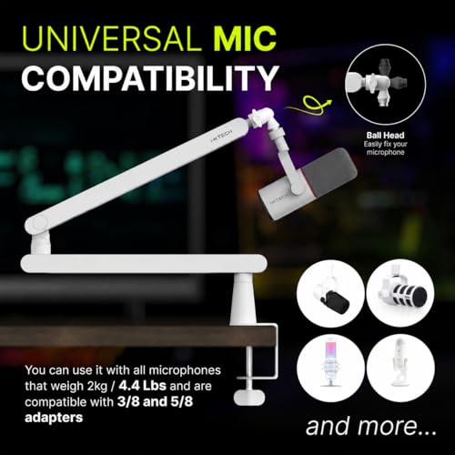 White Microphone Boom Arm Stand Low Profile Boom Arm Adjustable Mic Stand with Built In Cable Management 360° Swivel Mic Arm. - color: 2 LIZARD