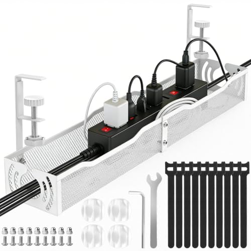 Cable Management, 25.3'' Under Desk Cable Management Tray No Drill | Metal Cable Organizer with Clamp for Wire Management, Cord Organizer for Home Office, Desk Accessories Organizer, White - color: White, size: 25.3 inch