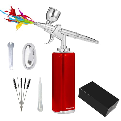 I-BEAUTEE Trigger Control for Startup Cordless Airbrush kit with Compressor,High Airflow Miniature Painting Tool, Temporary Tattoo, air Brush Pen for Model Hair Barber Enhancement, Nail Art,Cake | Double-action airbrush kit - color: red