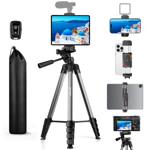 MACTREM 67" iPad Tripod Stand for Tablet Phone Camera with Remote Mount | 2-In-1 Holder Fits Ipad/Iphone Up To 12.9",Aluminum Extendable 17.7-67in,Remote, Video Recording/Vlogging,1/4" Screw Grey - color: Grey