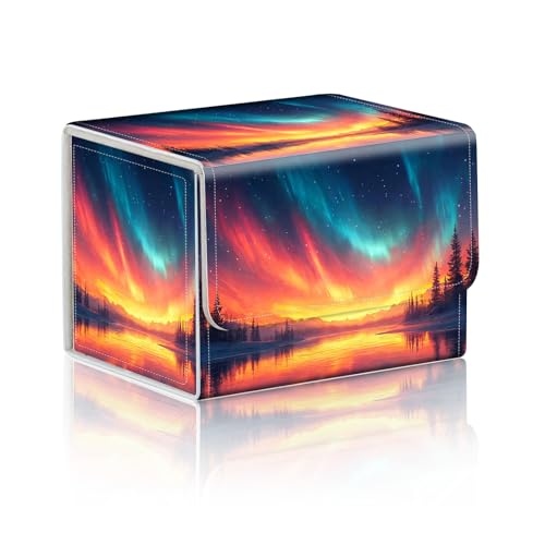 Trading Card Storage Box, Holds 100+ for MTG Cards, PU Leather with Magnetic Closure, Aurora Borealis Over Snowy Lake Durable Deck Box for Magic the Gathering, Trading Card Games - color: Aurora Borealis Over Snowy Lake
