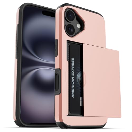 Jiunai for iPhone 16 Case Wallet Holds 2 Cards Slide Card Pocket Rose Gold | Pocket for IDs Credit Access Cards License, Shockproof Protective Phone Cover for iPhone 16 6.1" Women Men Teen School Work - color: Rose Gold, size: for iPhone 16 6.1''