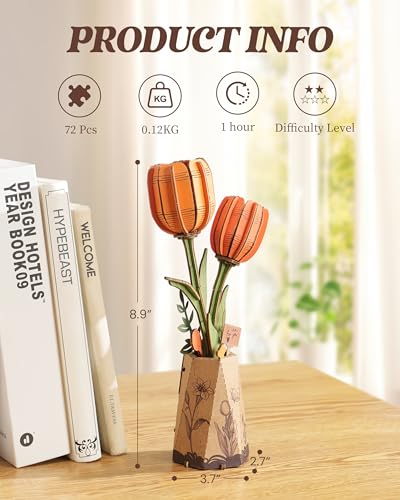 rowood Orange Tulip Wooden Flower,DIY Artifical Flower Building Set Craft Kit for Adults,Mother's Day/Valentine's Day for Mom/Women/Grandma - style: Orange Tulip