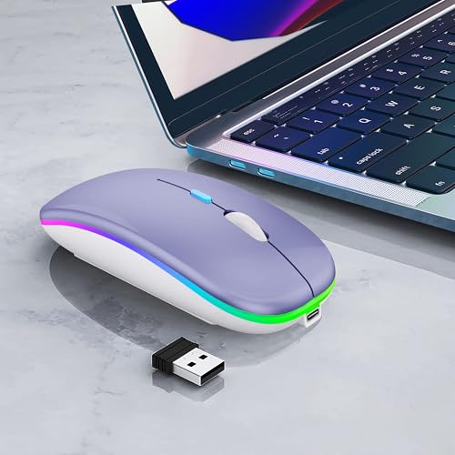 WREANU Wireless Bluetooth Mouse Rechargeable Laptop Mice with LED Lights Silent Slim Use(BT5.2 and 2.4G Portable USB Receiver)Dual Mode Computer Mouse for Laptop/iPad/Tablet/Apple/Computer/Mac(Purple) - color: Purple Wireless Bluetooth Mouse