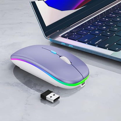 WREANU Wireless Bluetooth Mouse Rechargeable Laptop Mice with LED Lights Silent Slim Use(BT5.2 and 2.4G Portable USB Receiver)Dual Mode Computer Mouse for Laptop/iPad/Tablet/Apple/Computer/Mac(Purple) - color: Purple Wireless Bluetooth Mouse