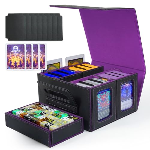 AFIING Commander Deck Box for MTG, Holds 400+ Double-Sleeved Cards, 4 Removable Deck Cases with Display Window, Dice Tray/Handle,Trading Card Storage Organizer/Dividers for TCG (Black Purple) - color: Black Purple