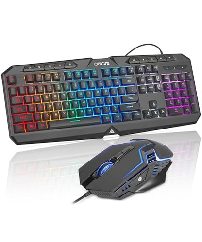 PC Gaming Keyboard and Mouse Combo Wired with Backlit, RGB Light up Mouse | 10 Extra Multimedia Buttons, 19 Anti-ghosting Keys, Waterproof, 7200 DPI Programmable Gaming Mouse with Software for PS5 Xbox